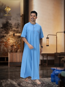 <b>Men's</b> Light Blue Cotton <b>Thobe</b> Round Neck Short Sleeve Floor Length Modest Prayer Wear Middle East Traditional Clothing all <b>man</b> - Product Image 1