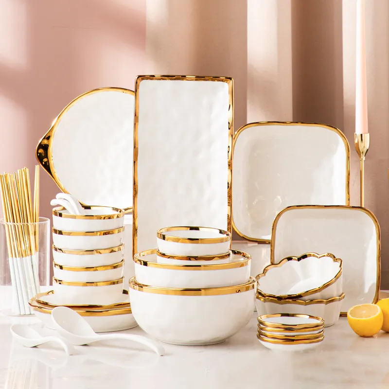 Conjunto de jantar tipo nórdico, prato de cerâmica branco ou porcelana, louças de jantar, conjunto de jantar dourado