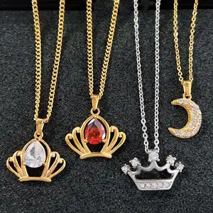 Shiny Red Cubic Zirconia Crown Princess Pendant Necklace Clear Crystals Jewelry Women Stainless Steel Crescent Moon Necklace