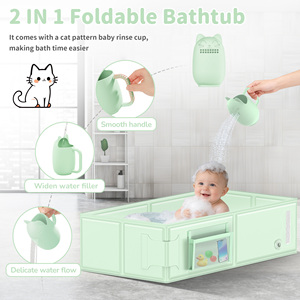 Baignoire pliable pour bébé en PVC sans BPA avec gobelet de douche |   Grande baignoire carrée pour bébé, gain de place |   Logo personnalisé et usine OEM - Product Image 4