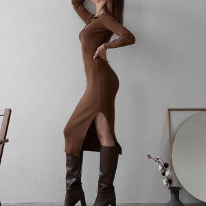 Sexy Strick gerippt Langarm schlank einfarbig Revers Bodycon Split Kleid 2021 Herbst Frauen Neu - Product Image 2