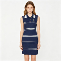 Robe midi en maille sans manches bleu marine à rayures pour femme, col polo, broderie ancre, simple et polyvalente, vêtement d'extérieur tricoté