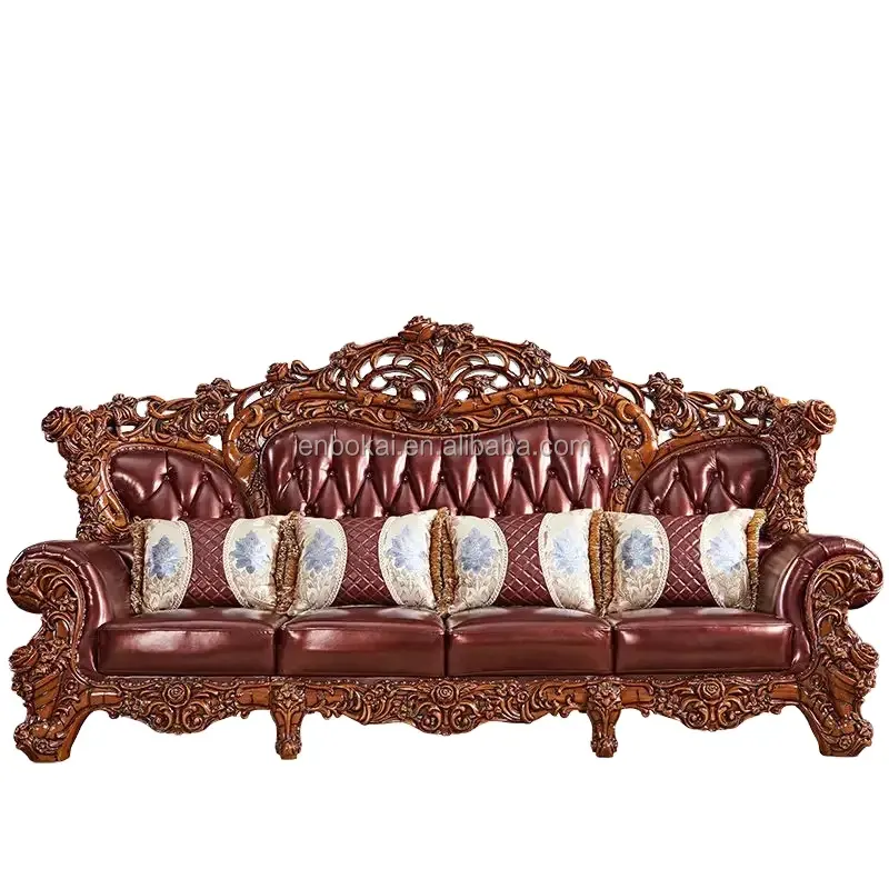 Classico divano in legno massello reale di lusso imperiale europeo con pelle italiana trapuntata per casa ufficio Villa seminterrato