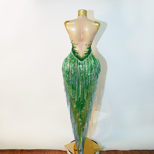 Justaucorps vert émeraude à franges de strass, style déesse amazonienne tropicale, pour artiste de scène, diva, drag queen, tenue de danse exotique - Product Image 4