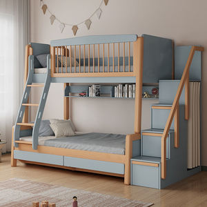 Meubles de chambre à coucher pour enfants bon marché, lit en bois massif de dessins animés, lit superposé pour enfants, table d'étude avec escalier et rangement, avec toboggan - Product Image 2