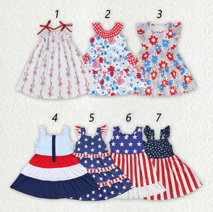 Vestidos al por mayor para niñas, para el 4 de julio, estilo boutique, con estampado de bandera estadounidense, estrellas y rayas, sin mangas, con volantes. - Product Image 1