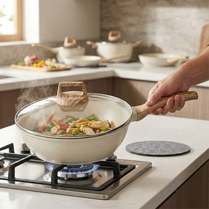 Juego de 12 piezas de utensilios de cocina antiadherentes color crema, juego de ollas y sartenes estéticas con mangos de madera, revestimiento de granito, juego de cocina - Product Image 4