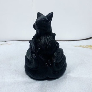 Natural obsidian nine-tailed fox figurine <b>raw</b> stone <b>crystal</b> carving piece, black fox home auspicious mascot, tabletop gift - Product Image 4