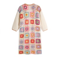 Cardigan en tricot pour femme, style bohème, crocheté à la main, motif géométrique coloré ajouré, col rond, manches longues, personnalisable, longueur midi