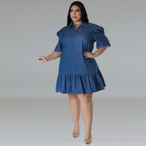 Y218601 Robes en jean grande taille les plus vendues pour femmes, décontractées, à revers, à manches courtes - Product Image 2