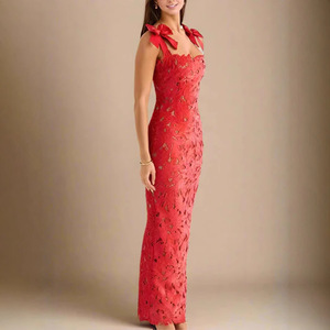 Elegant <b>Red</b> Lace Bodycon Long <b>Dress</b> With Bow Shoulders U-Neck Cut-Out Design For <b>Wedding</b> Events - Product Image 3
