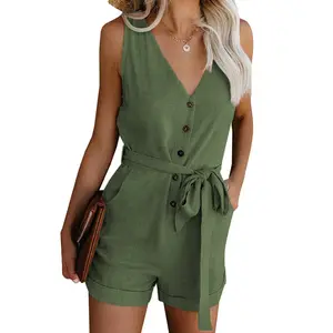 Kadın Playsuit yaz V boyun kolsuz düğme kemer yay rahat tulum düz sokak Romper moda siyah beyaz tulum