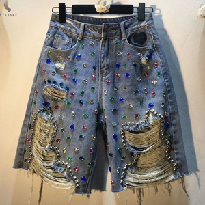 Nouveau pantalon droit <span class=keywords><strong>en</strong></span> denim lourd personnalisé décontracté taille haute avec diamant lavé <span class=keywords><strong>Jean</strong></span> Shorts femmes 2025 - Product Image 1
