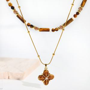 Collier vintage en acier inoxydable à plusieurs rangs avec pendentif trèfle à quatre feuilles, chaîne en bambou plaquée or 18 carats - Cadeau idéal - Product Image 2