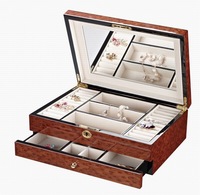 Boîte à bijoux en bois rectangulaire de luxe vintage avec grand tiroir de rangement et miroir organisateur à motif carré