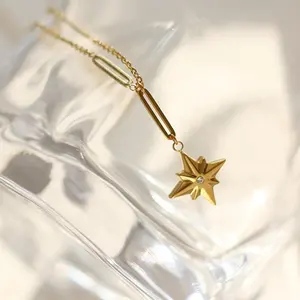 Collier avec pendentif en plaqué or 18K, bijoux en forme d'étoile du nord, collier en plaqué or avec chaîne à pince, vente en gros,