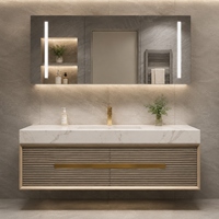 Meuble-lavabo mural de luxe moderne cannelé avec vasque et miroir LED rond pour projets hôteliers et d'appartements