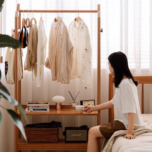 Zide Solid Wood Floor Standing Clothes <b>Rack</b> Cherry Wood 90cm With Wheels Open <b>Wardrobe</b> For Home Bedroom Use - Product Image 2