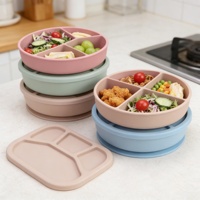 Boîte à lunch bento écologique, portable, réutilisable, pour adultes, 4 compartiments, couvercle en silicone et plastique, anti-fuite