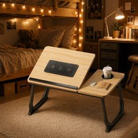 Ventilateur de refroidissement pour ordinateur portable, table pliable en bois, 2 ventilateurs intégrés, 5 niveaux de hauteur réglables, inclinable pour lit, canapé, poste de travail, porte-gobelet