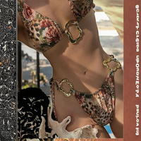 Bikini halter fait main à imprimé léopard et rose avec anneau en métal doré, string, maillot de bain deux pièces pour femme