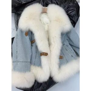 Korean-style Design Light Blue <strong>Denim</strong> <strong>Jacket</strong> <strong>Women</strong> Fashionable Lined Fleece Thickened Down-Filled Warm Faux Fur Plush Winter - Product Image 2