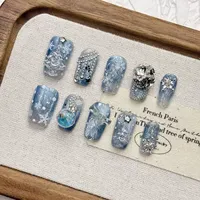 Faux ongles carrés courts à presser, en acrylique, faits à la main, motif bleu de Noël, pour femmes