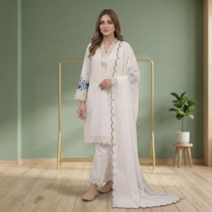 Ensemble 3 pièces tendance blanc : Kurta, pantalon et salwar kameez en coton et soie, style décontracté, idéal pour les fêtes indiennes et pakistanaises - Product Image 1