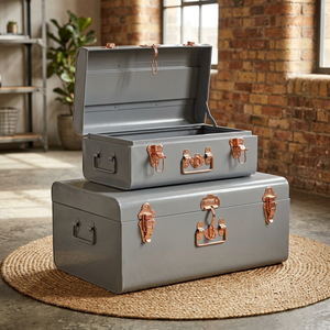 Premium Metal Storage Trunk Hinged Lid <b>Stack</b> able Design Industrial Style Gray with Copper Accents for Sundries - Product Image 1