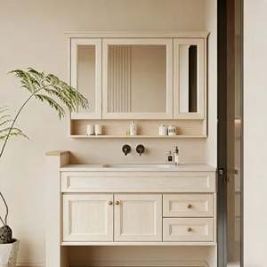 Meuble-lavabo mural moderne Balom à vasque unique avec miroir LED, finition imitation bois écologique - Product Image 2