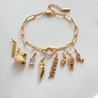 Pulsera de dijes DIY de acero inoxidable y oro de 14K para mujer, resistente al deslustre, personalizable con dijes de pez, zanahoria y Mamá