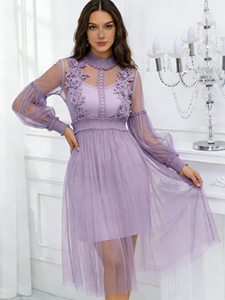 Robe décontractée Joyinspring grande taille d'été, style français, en dentelle violette brumeuse, coupe trapèze, longueur thé, manches lanternes, col rond - Product Image 1