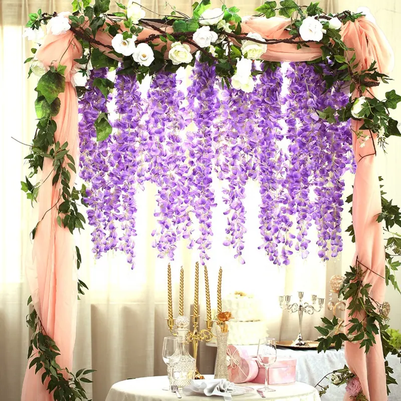 Outdoor Wedding Decoration Arch Rattan White Purple Hanging Silk Flowers Garland Artificial Wisteria Flower