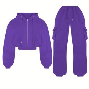 Custom Winter Solid Cropped Zip-Up Hoodie and <b>Sweatpants</b> <b>Set</b> for Women-Sporty Casual Loose Fit - Product Image 2
