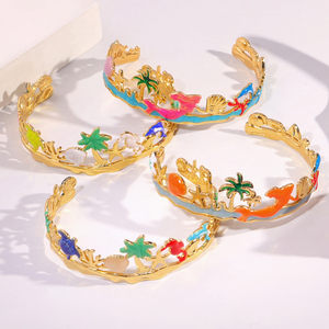 Jusnova Cổ Điển Thép Không Gỉ 18K Vàng Bangle Phụ Nữ Men Màu Zircon Vòng Đeo Tay Daisy Mô Hình Cuff Có thể mở ra Đồ Trang Sức Thời Trang - Product Image 2