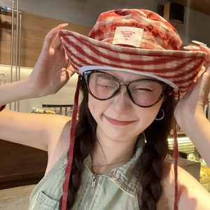 Korean Style Heart Plaid Bucket <b>Hat</b> Red And Black Wide Brim Sunshade <b>Hat</b> For Women <b>Summer</b> Breathable Canvas Fisherman <b>Hat</b> - Product Image 2