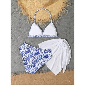 FOXA Girl's 3 Piece Floral Print Halter <b>Bikini</b> <b>Set</b> With Cover Up Beach Skirt Swimwear For Girls Stretch Spandex Polyester - Product Image 2