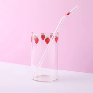 Ins Nana Strawberry <b>Glasses</b> Heat Resistant Coffee Milk Water Cups With Straws Clear Cute Juice Smoothie Cold <b>Drinks</b> Straw Cup - Product Image 2