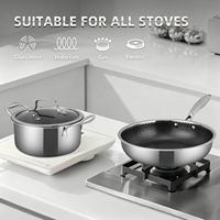 Ensemble de 9 pièces de batterie de cuisine antiadhésive en acier inoxydable 304 triple couche, comprenant poêle à frire profonde, casserole, marmite à soupe et faitout, avec couvercle, à structure alvéolée