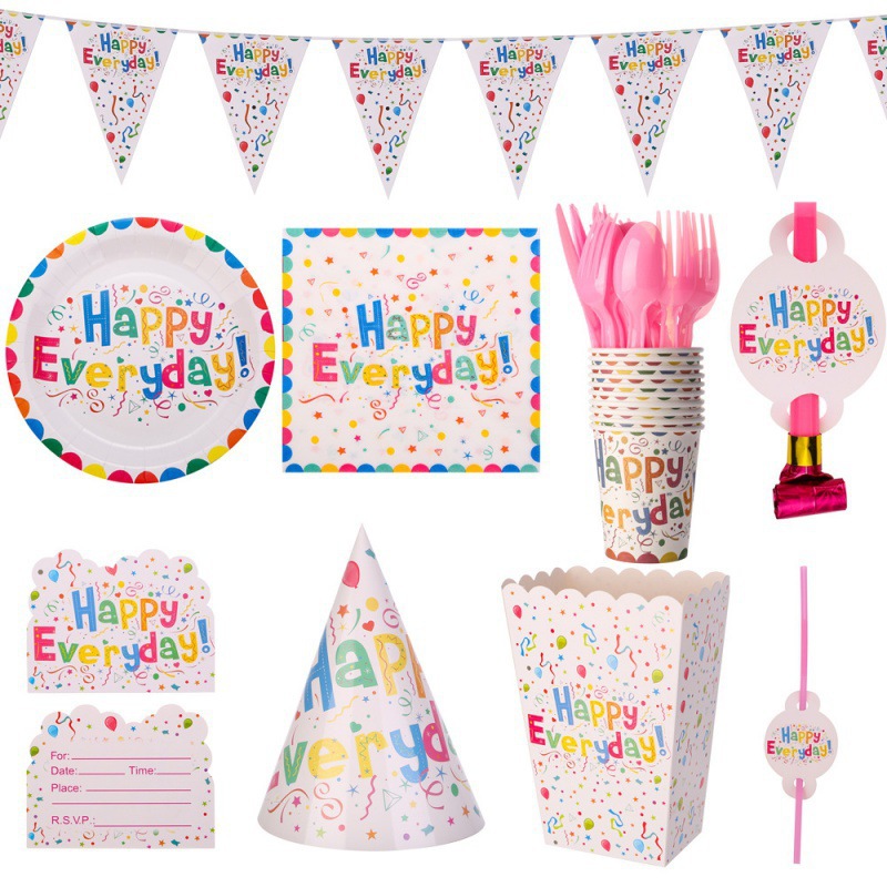 European American Party Disposable Dinner Plate Set Kids Happy Birthday Colorful Balloon Paper Cup and Tray Suit