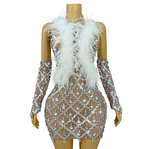 Novance Y4641 <span class=keywords><strong>vestiti</strong></span> da <span class=keywords><strong>donna</strong></span> Shopping Online Sexy abiti da Club con piume elegante abito da Cocktail bianco con maniche lunghe - Product Image 1