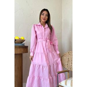 Vestido Casual Diario Transpirable de Cintura Elástica con Cuello Redondo y Cinturón Rosa, Estilo Línea A - Product Image 3