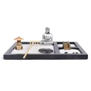 Minilinterna de piedra de resina de poliéster, bandeja de madera para jardín zen