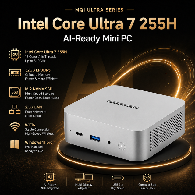 Intel Ultra 7 255H AI Mini PC 16GB 24GB 32GB LPDDR5 M.2 NVMe SSD WiFi 6 4K UHD AI Desktop Gaming Computer Windows 11 Pro MQi15