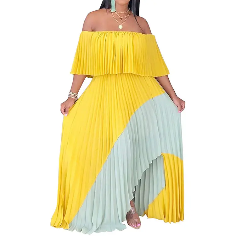 Hot Summer Contrast Color Sexy Chiffon Sundress Off Shoulder Ombre Tie Dye Pleated Skirts Long Boho Beach Maxi Dress