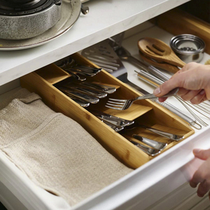 Small <strong>Bamboo</strong> 5-Compartment Multifunction Minimalist Drawer <strong>Store</strong> Utensil Organizer for Kitchen Drawer Silverware Flatware Tray - Product Image 4
