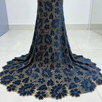 Kain Brokat Hitam Berumbai Emas, Bordir Bunga 3D dengan Benang Emas, Bahan Gaun Pengantin & Pesta Mewah