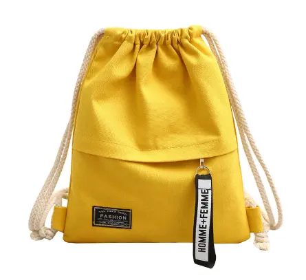 Günstige Mode Leinwand Kordel zug Rucksack Tasche Tragbare Casual String Rucksack für Frauen Umhängetasche mit Reiß verschluss Front tasche