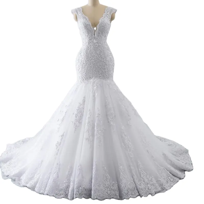 New Design Hot Sale Sexy Deep V-neck Sleeveless Mermaid Wedding Dresses Gowns Bridal Plus Size Lace Wedding Dress