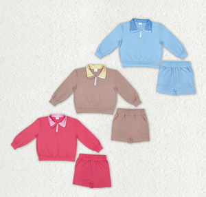 Conjunto de 2 piezas para niñas, conjunto de top con cuello a cuadros de manga larga y pantalones cortos - Product Image 1